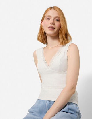 Top sans manches - Dentelle - Blanc cass&eacute;