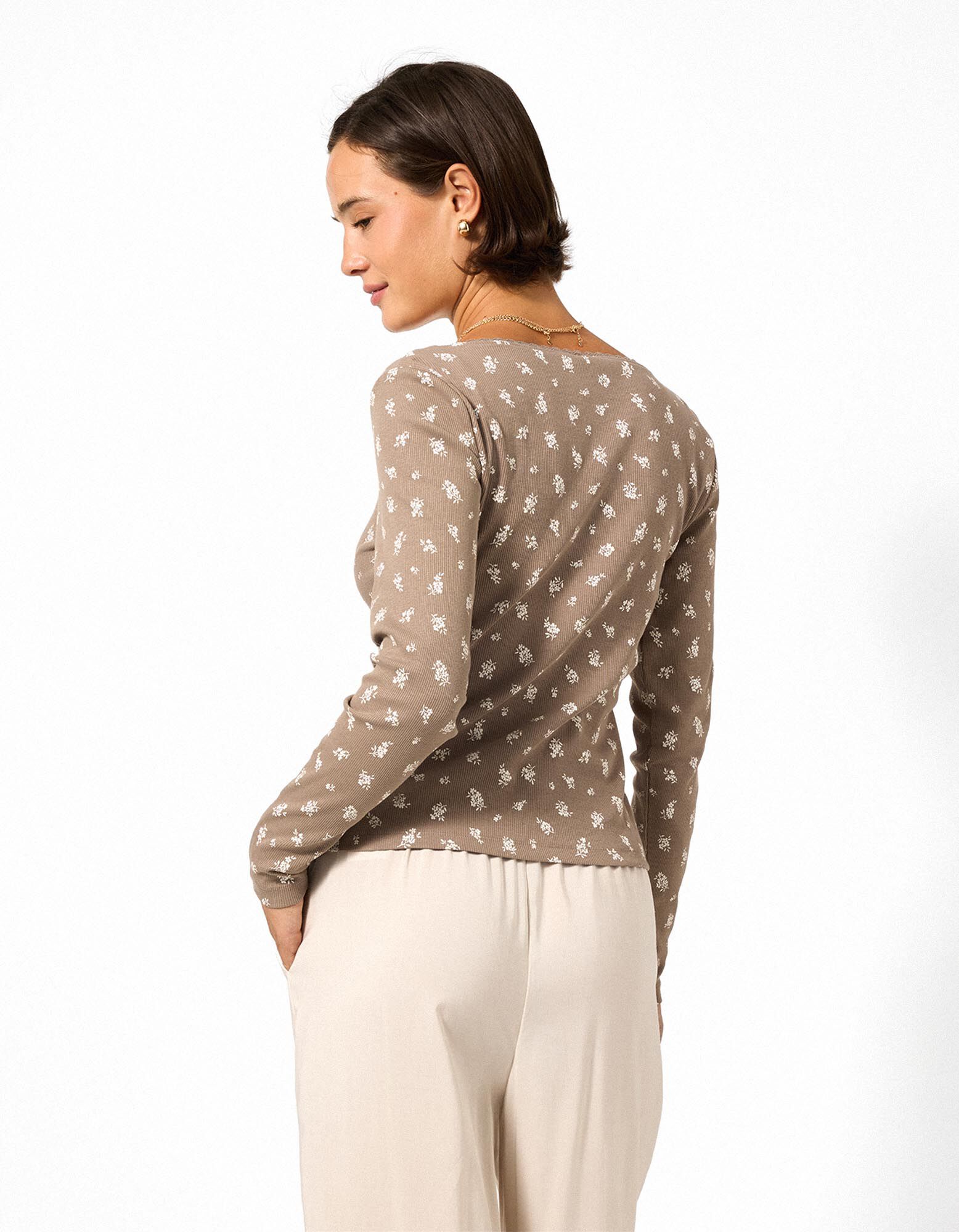 Langarmshirt - Spitzenbesatz - Beige