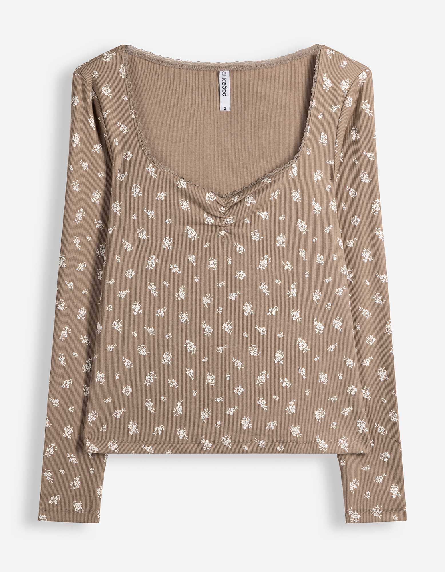 Langarmshirt - Spitzenbesatz - Beige