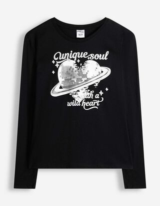 Langarmshirt - Frontprint - Schwarz