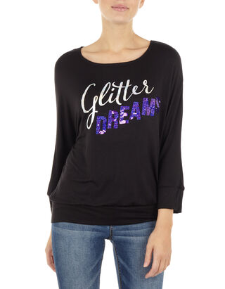 Damen Shirt mit Message-Print in Metallicoptik&nbsp;