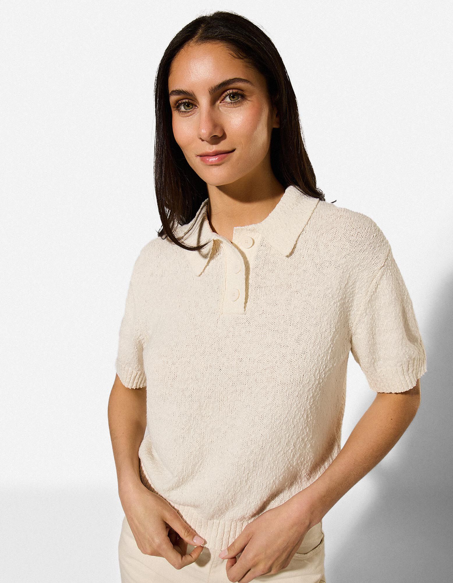 Strickpullover - Polokragen - Wei&szlig;