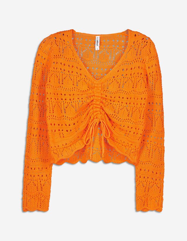 rozpinany sweter - Dzianina perforowana - pomaranczowy