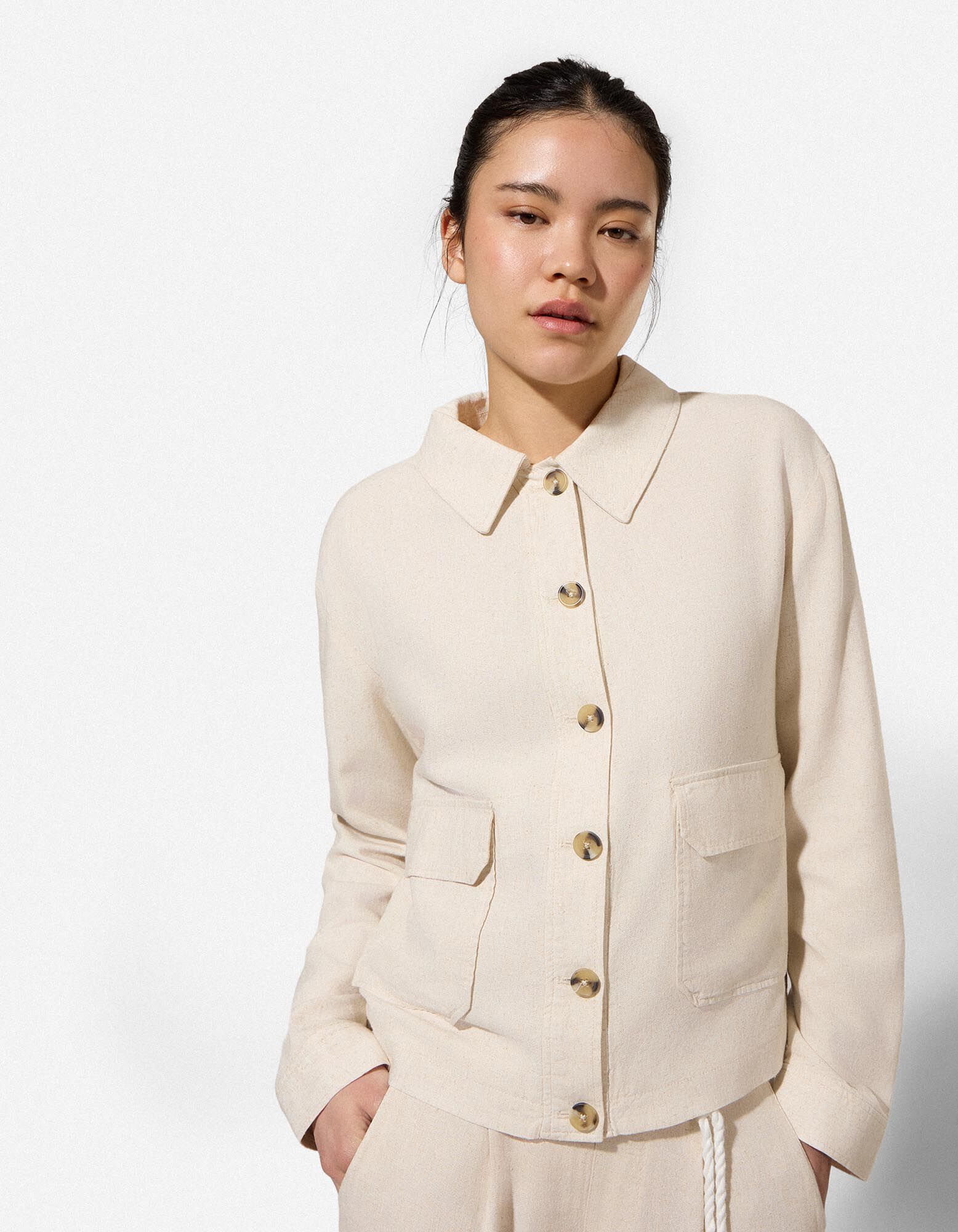 Veste chemise - Aspect lin - beige