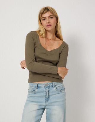 Langarmshirt - Spitzenbesatz - Khaki