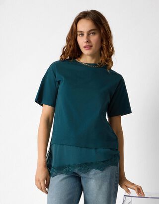 T-Shirt - Spitzenbesatz - Petrol