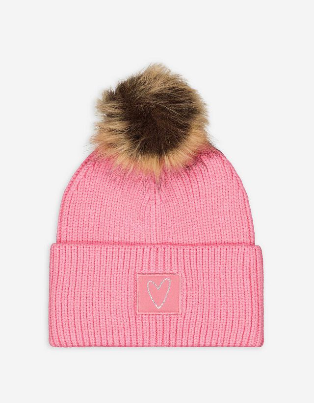 Berretto con pompon - Maglia a coste - rosa fucsia
