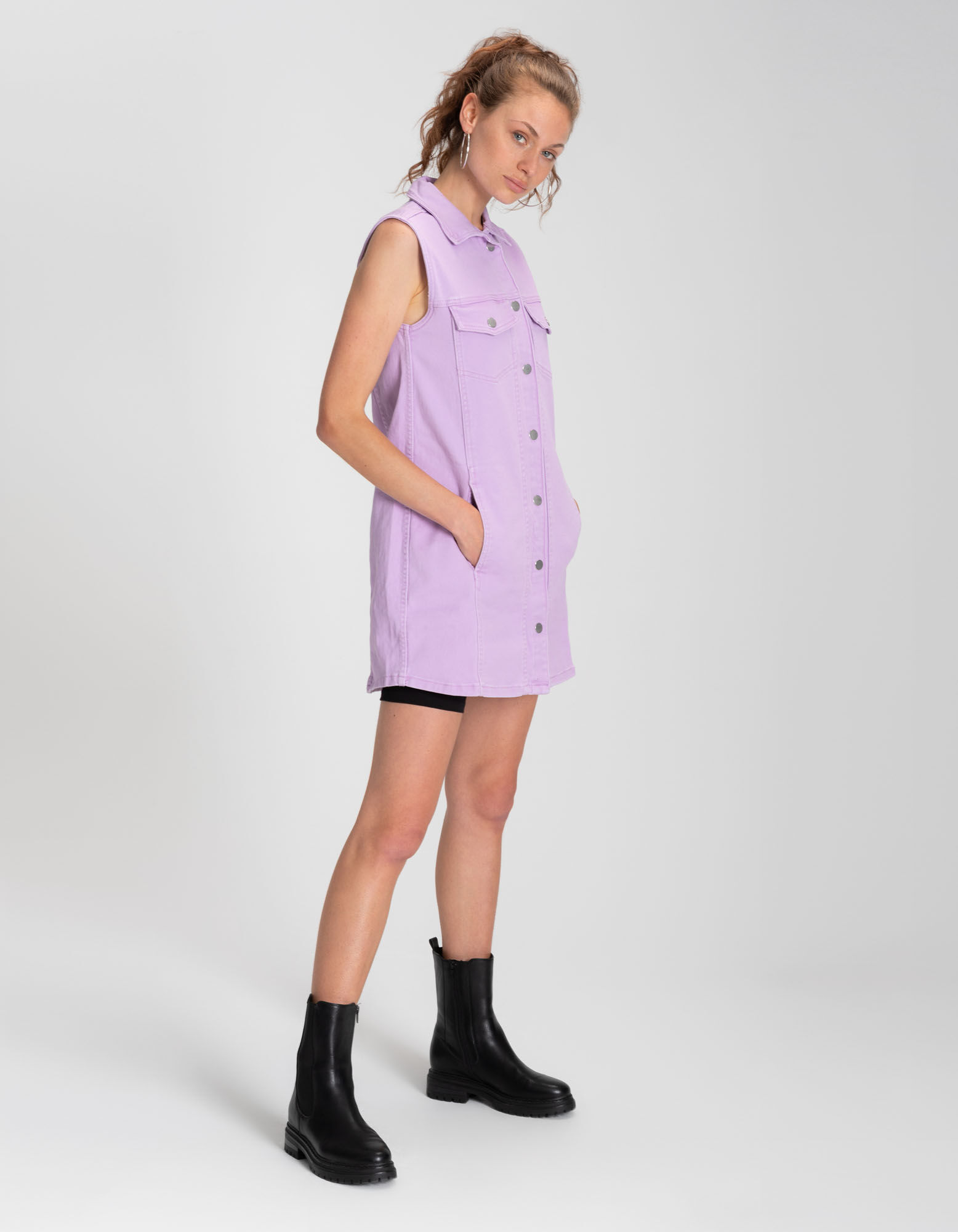 Robe en jean - Poche-poitrine - Lilas