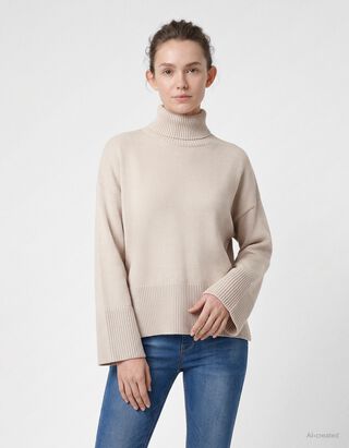 Strickpullover - Rollkragen - Beige
