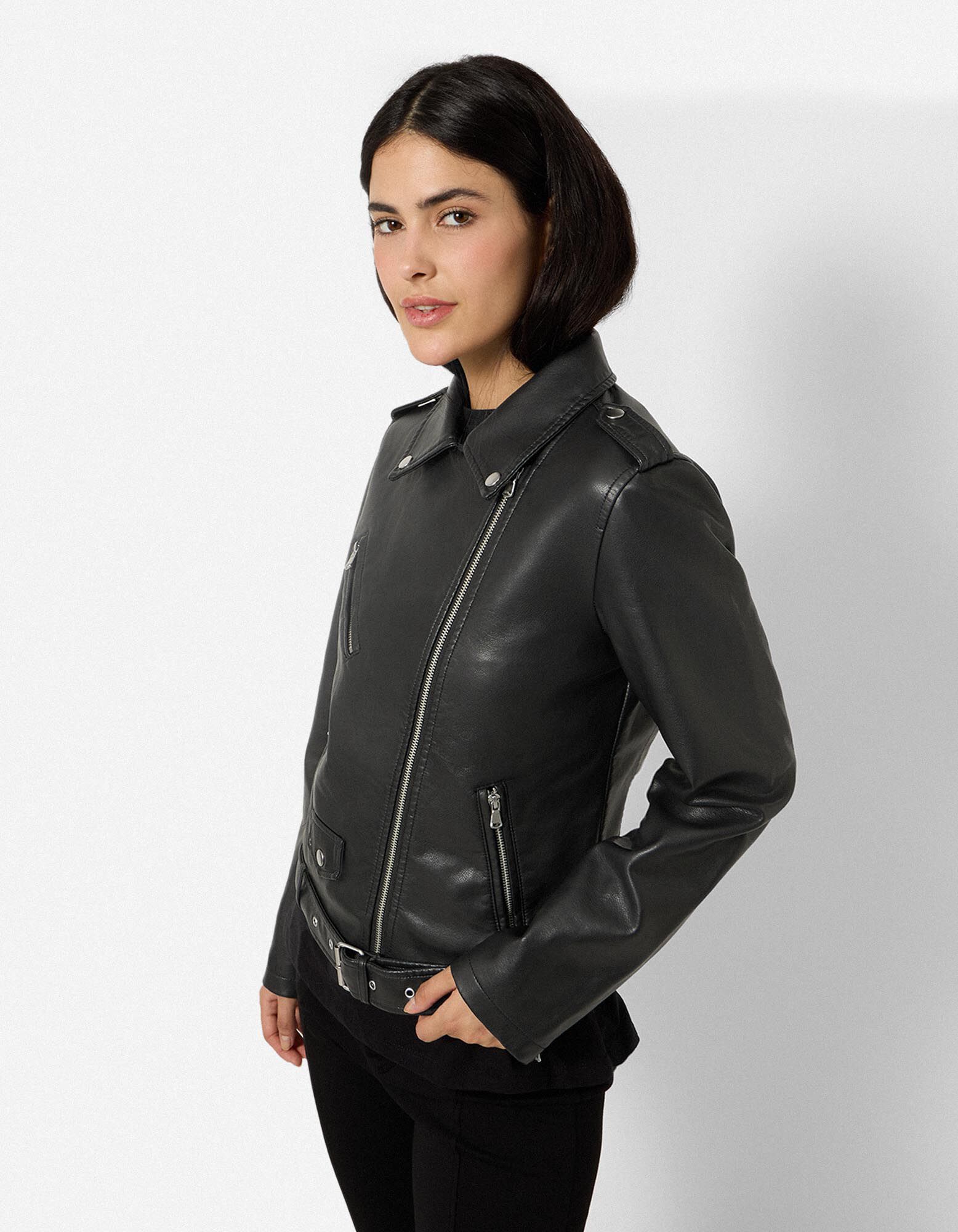 Bikerjacke - Kunstleder - Schwarz