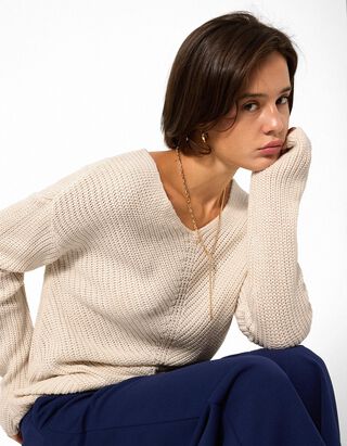 Strickpullover - V-Ausschnitt - Beige