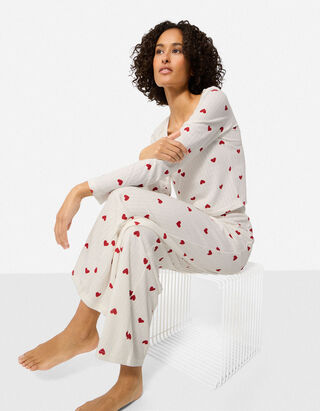 Set pijama alcătuit din bluză și pantaloni - Material structurat - Alb-crem deschis