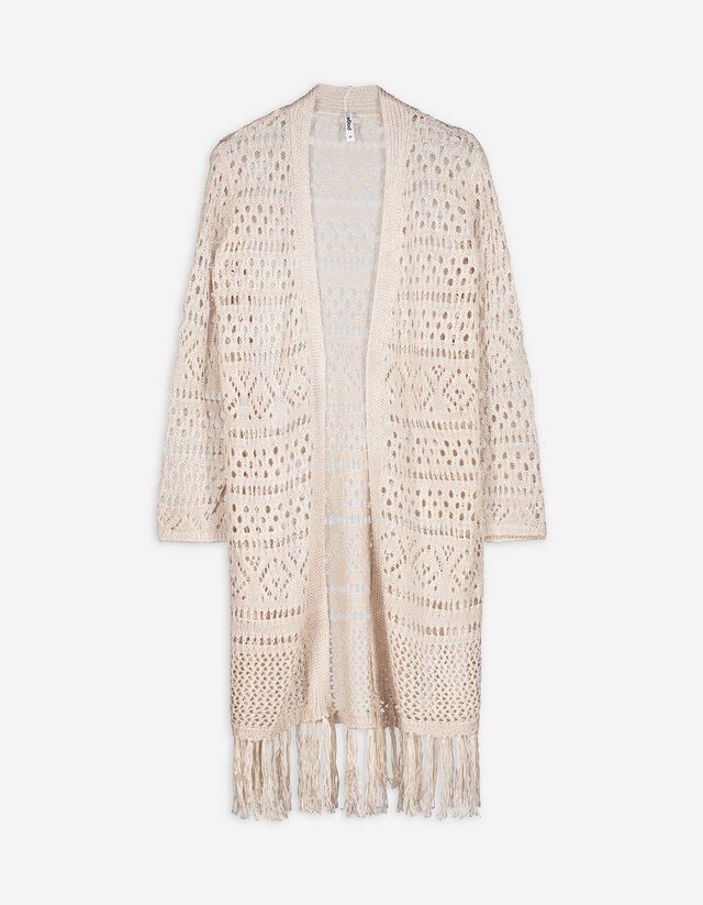 Cardigan lung - Tricot perforat - Bej
