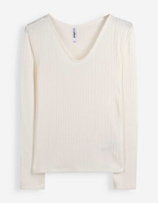 Langarmshirt - V-Ausschnitt - Off-White