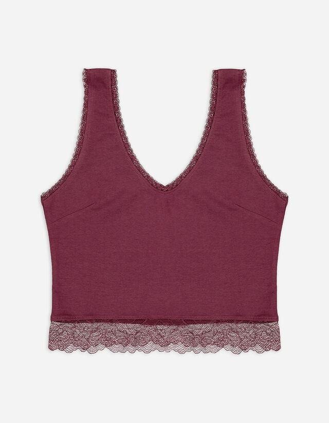 Top sans manches de court - Passementerie en dentelle - Rouge foncé