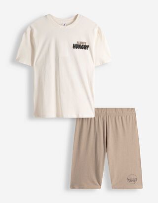 Pyjama Set aus Shirt und Shorts - Mustermix - bronzefarben