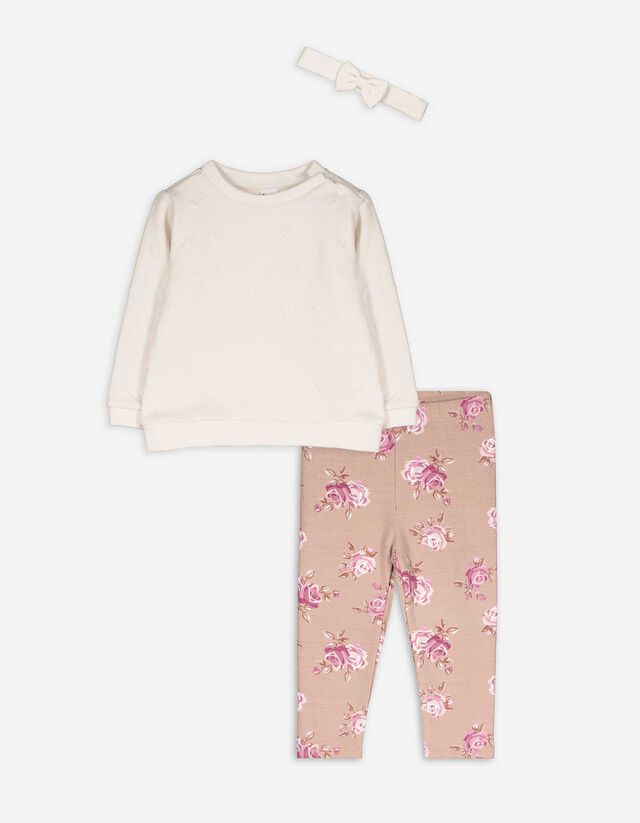 Set aus Sweatshirt Hose und Stirnband - Schleifenapplikation - beige