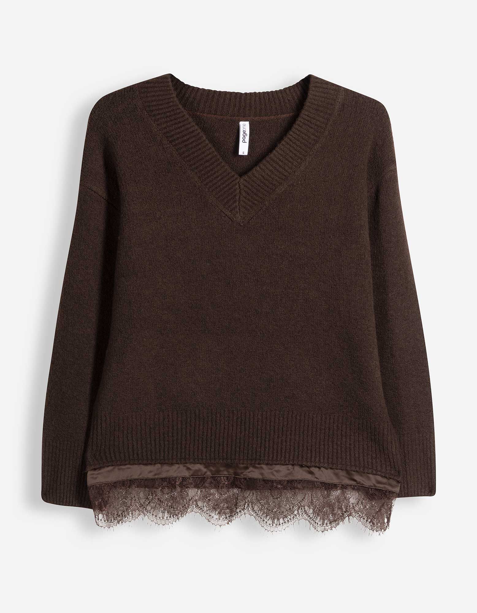 Pullover - Spitzenbesatz - Dunkelbraun