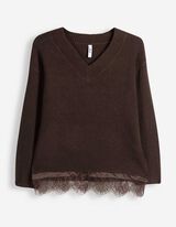 Pullover - Spitzenbesatz - Dunkelbraun