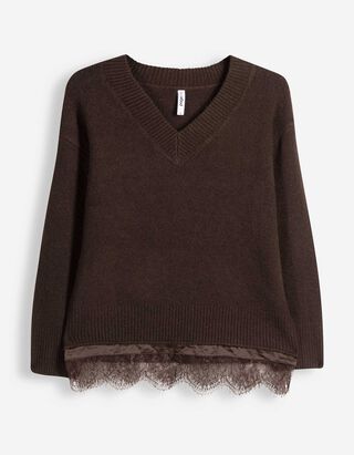 Pullover - Spitzenbesatz - Dunkelbraun