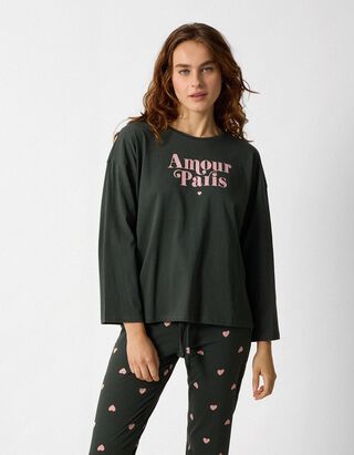 Pyjamaoberteil - Print - Khaki
