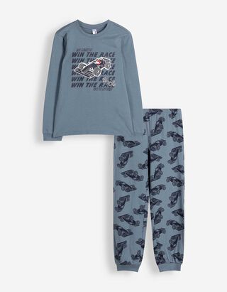 Pyjama Set aus Shirt und Hose - Allover-Muster - blau