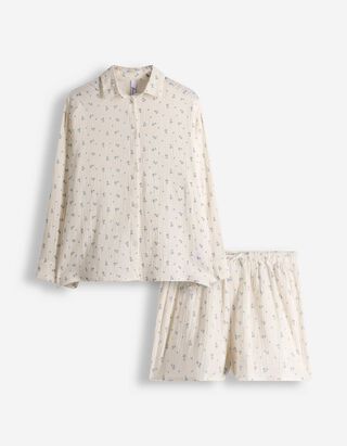 Pyjama set van shirt en shorts - Mousseline - wit