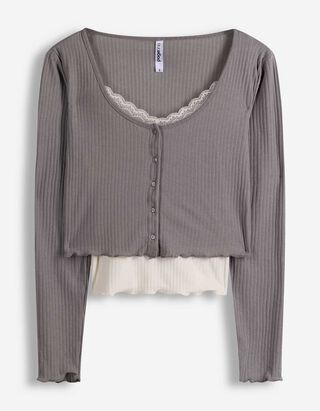 Langarmshirt - Double-Layer-Look - grau