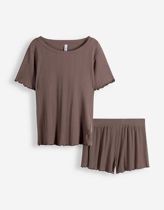 Pyjama Set aus Shirt und Hose - Viskose-Mix - Braun
