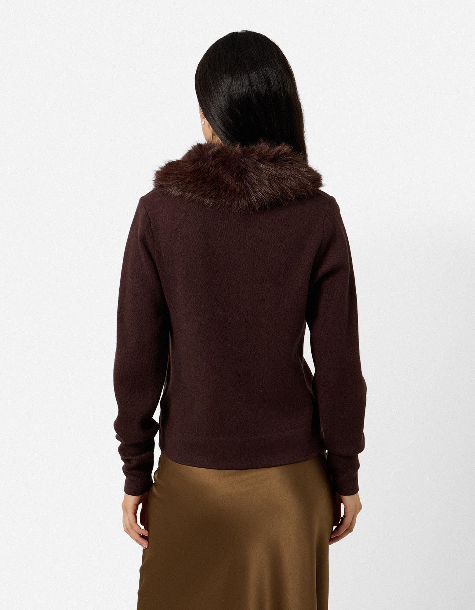 Cardigan - Col en fausse fourrure amovible - brun fonc&eacute;