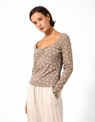 Langarmshirt - Spitzenbesatz - Beige