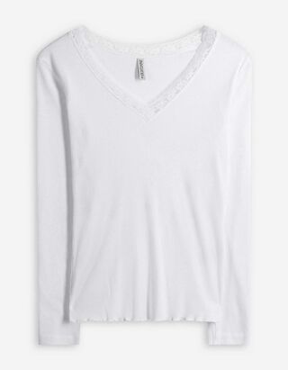 Langarmshirt - Spitzenbesatz - weiß