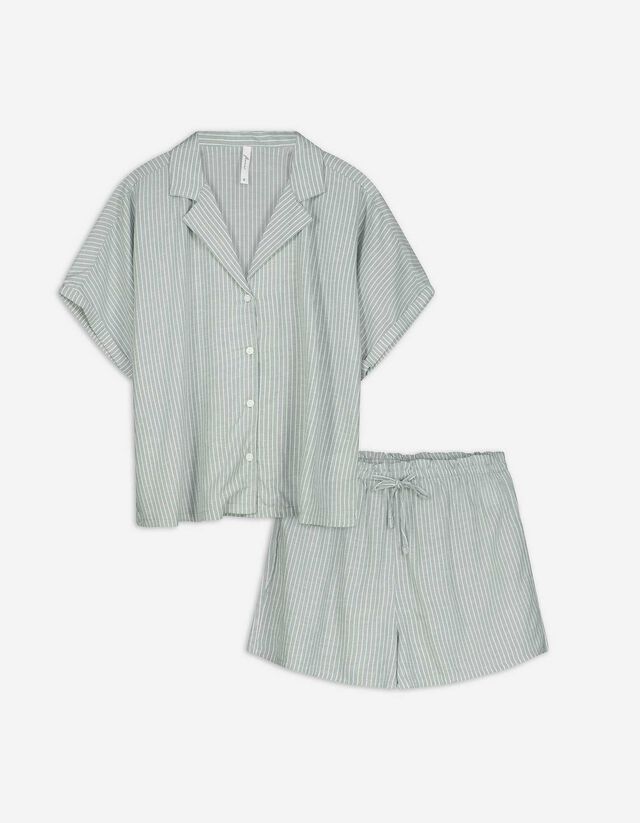 Pigiama completo (maglia + shorts) - Effetto lino - verde scuro