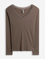 Tričko s dlouhým rukávem - Krajková aplikace - svetle hneda