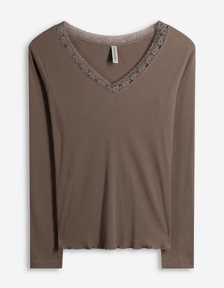 Langarmshirt - Spitzenbesatz - hellbraun