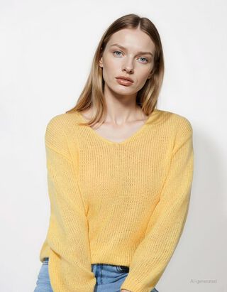 Sweter z dzianiny - dekolt w serek - zolty