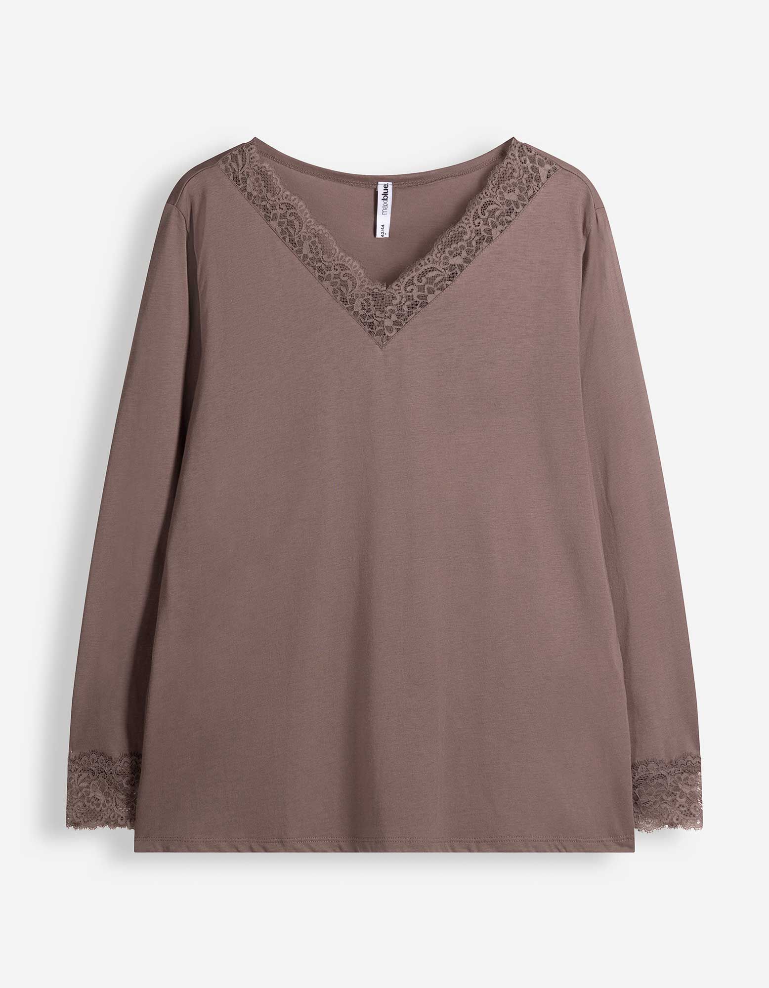 Langarmshirt - Spitzenbesatz - Braun