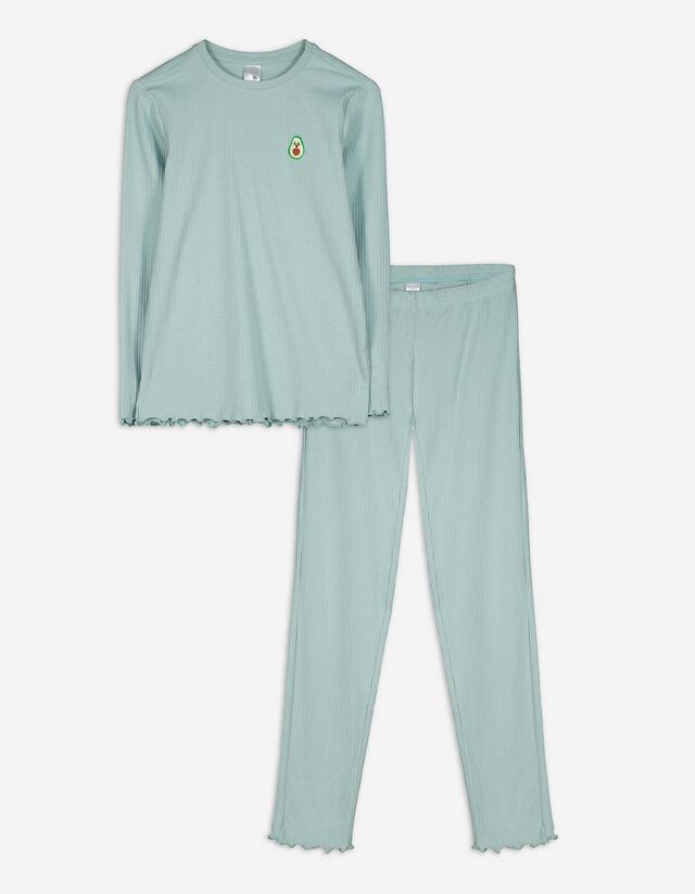 Pyjama Set aus Langarmshirt und Hose  - Muschelsaum - grün