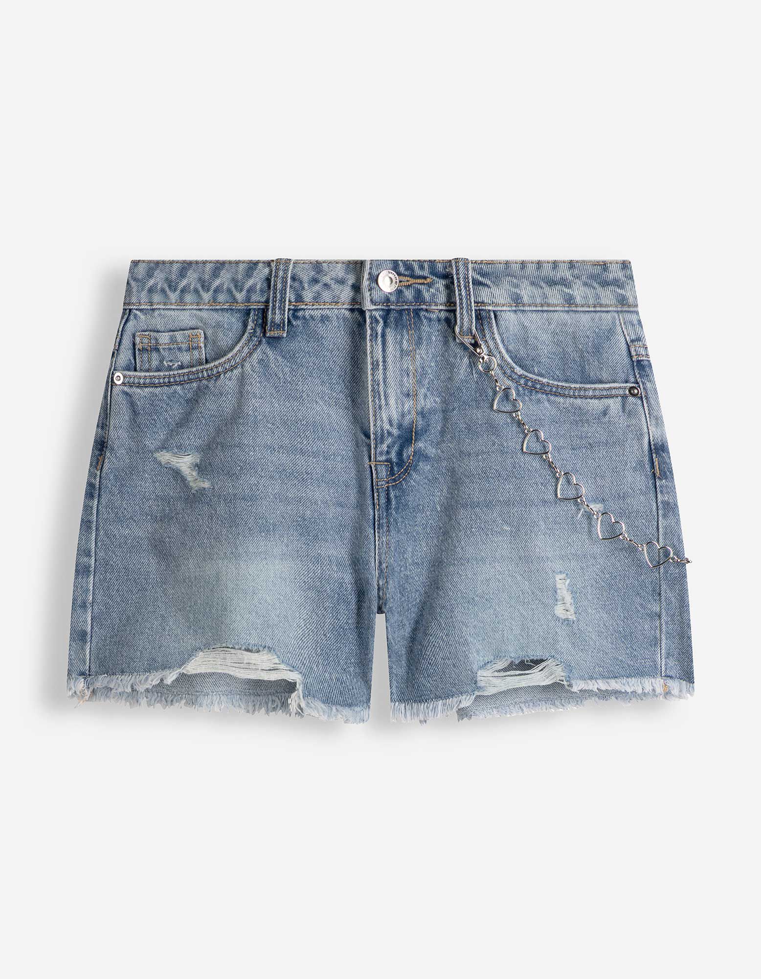 Short en jean - D&eacute;tail de cha&icirc;ne - Bleu
