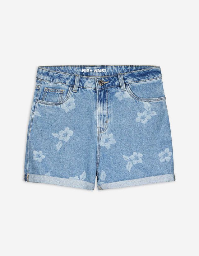 Pantaloni scurți denim - Imprimeu cu laser - Albastru deschis