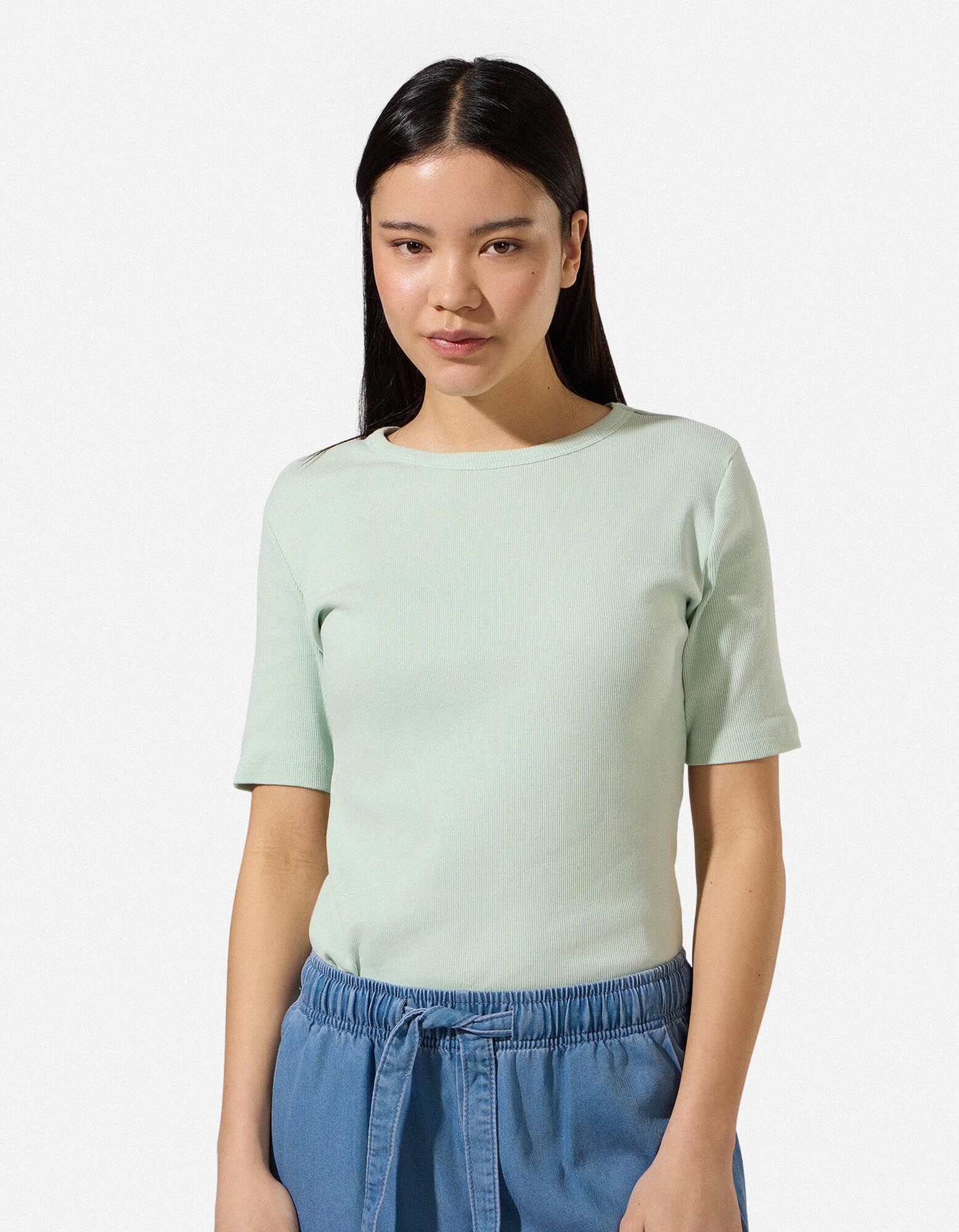 T-shirt - Geribde structuur - groen