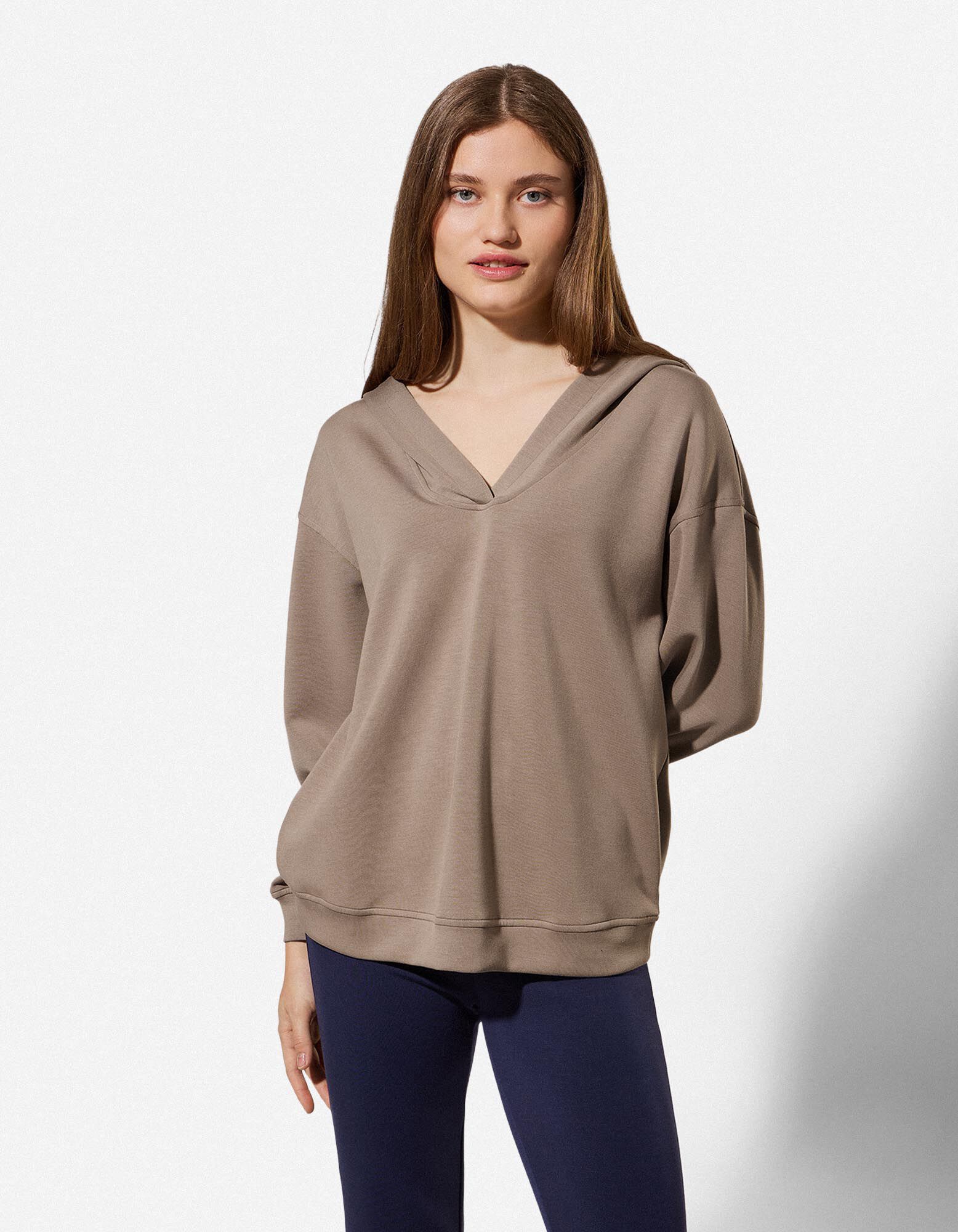 Hoodie - V-Ausschnitt - dunkelbeige