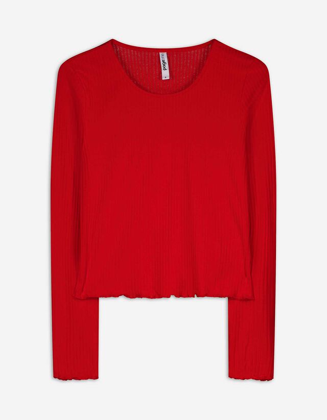 Gesneden shirt met lange mouwen - Geribde structuur - rood