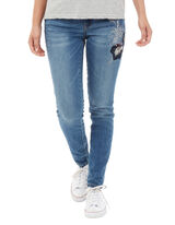 Damen Stone Washed Skinny Fit Jeans mit floraler Stickerei