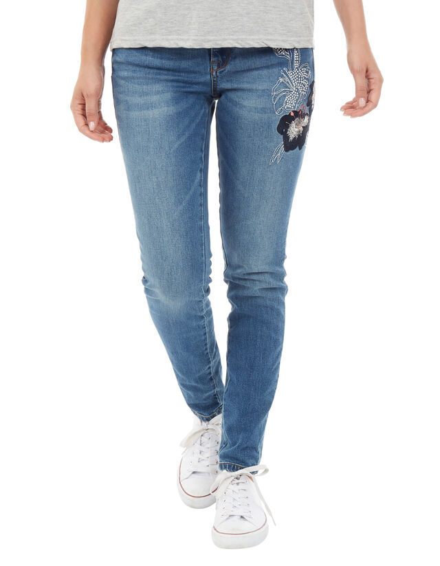 Damen Stone Washed Skinny Fit Jeans mit floraler Stickerei