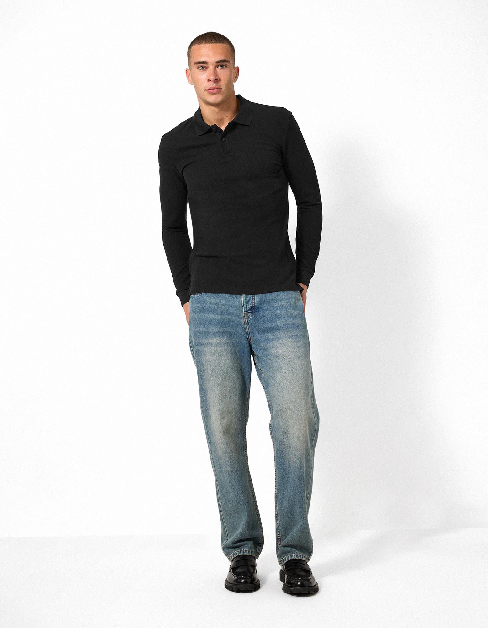 Langarmshirt - Polokragen - Schwarz