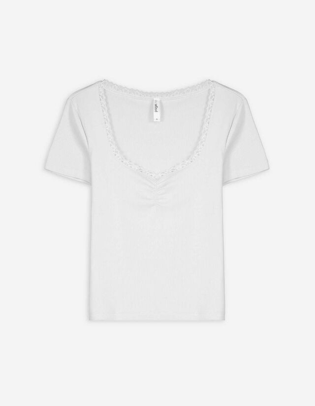 T-Shirt - Spitzenbesatz - weiß