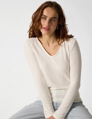 Langarmshirt - V-Ausschnitt - Off-White