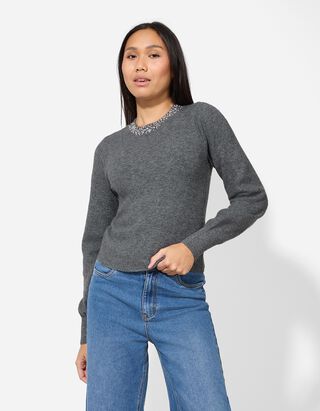 Pulover de tricot - Pietricele decorative - Gri inchis