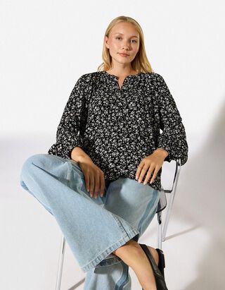 Bluse - Florales Muster - Schwarz